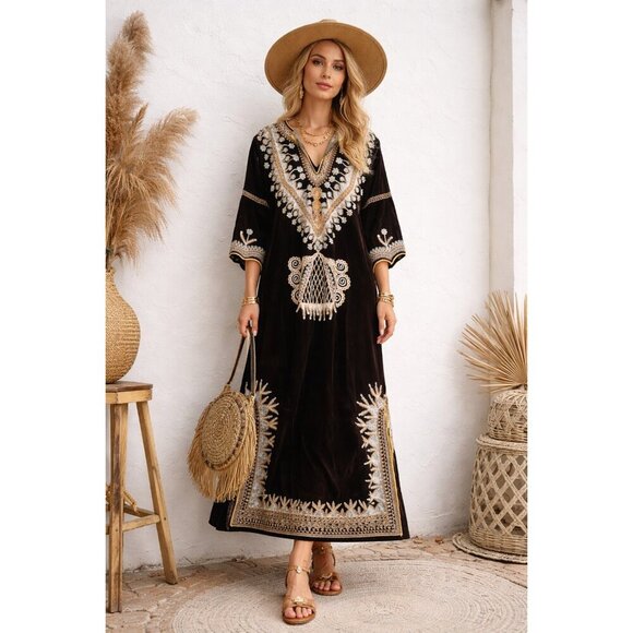 Unbranded Dresses & Skirts - Vintage Velvet Brown Embroidered Long Maxi Tunic M